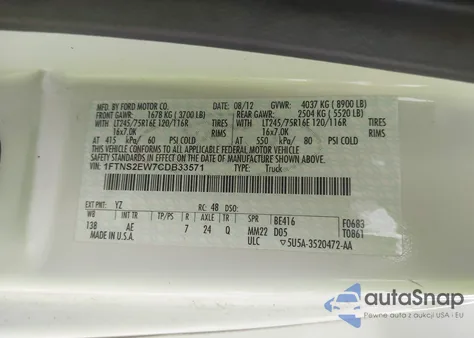 2012 Ford E-250 Commercial z USA, uszkodzony, nr VIN 1FTNS2EW7CDB33571